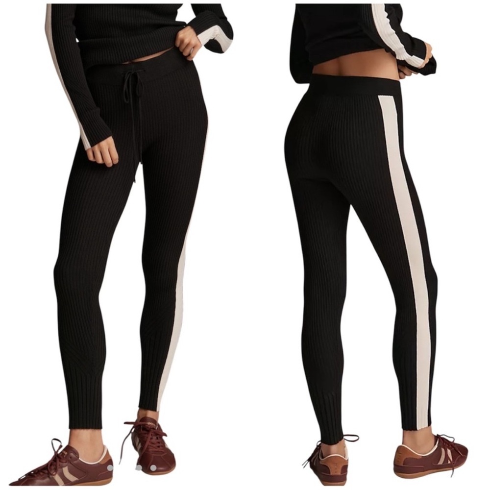 Varley Black White Panel Aiden Ribbed Knit Leggings